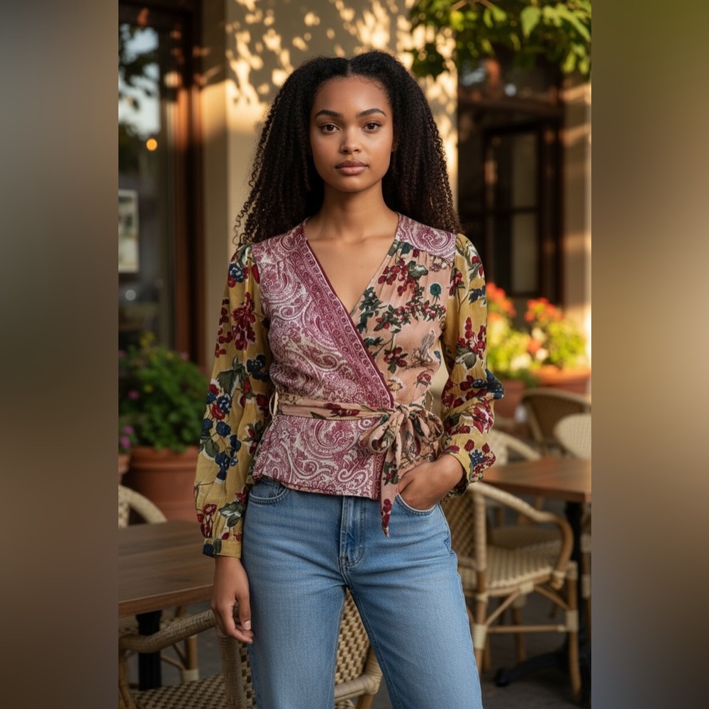 Anthropologie Meadow Rue Floral Patchwork Wrap Blouse - Yellow, Pink, Black - Picture 16 of 16
